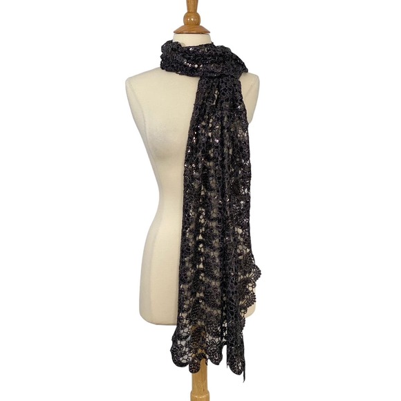 Joan Rivers Sequin Lace Scarf Wrap Black Silver Gray Sparkle Evening 20 x 72 - Picture 2 of 7